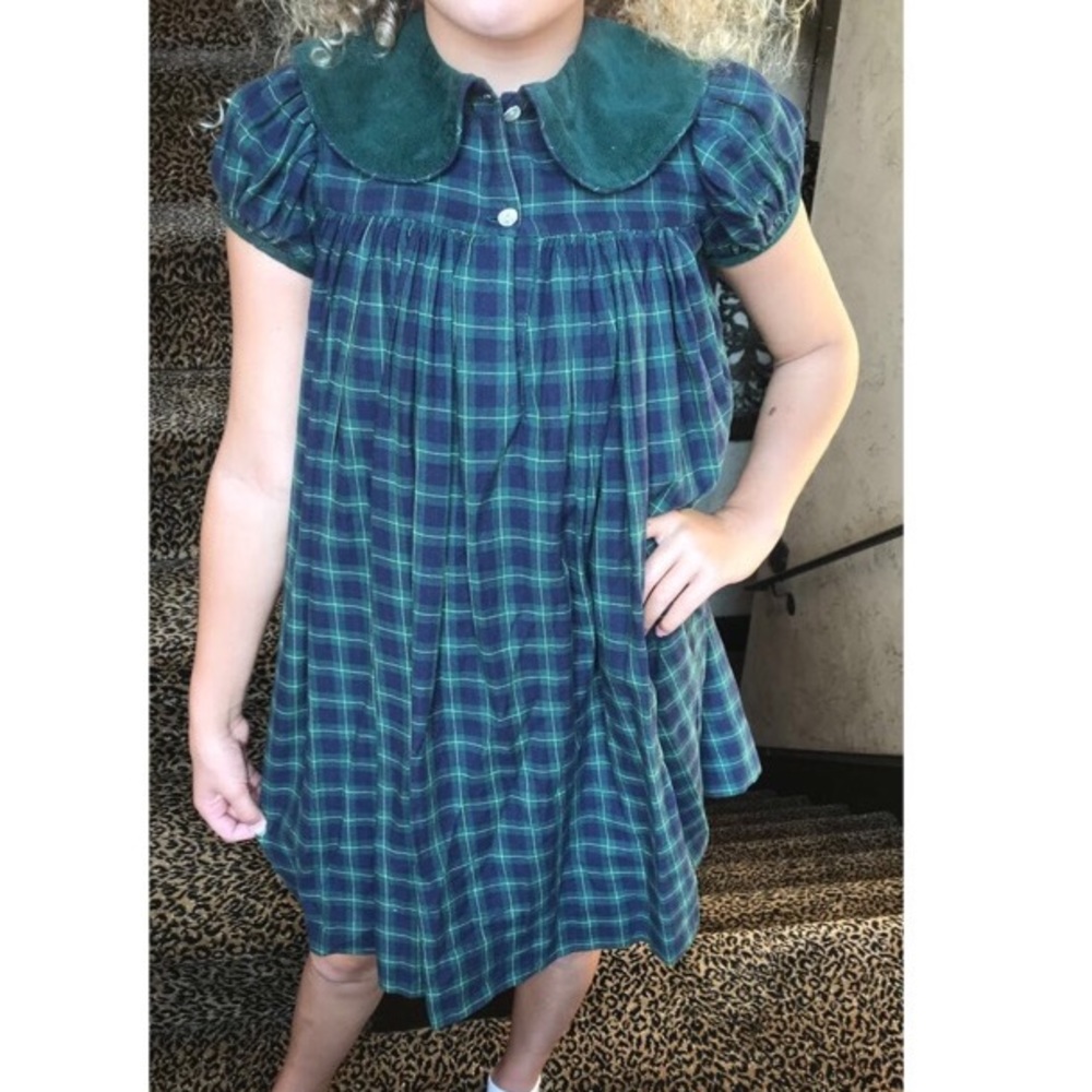 Girls Blue and Green Gingham Dress With Collar